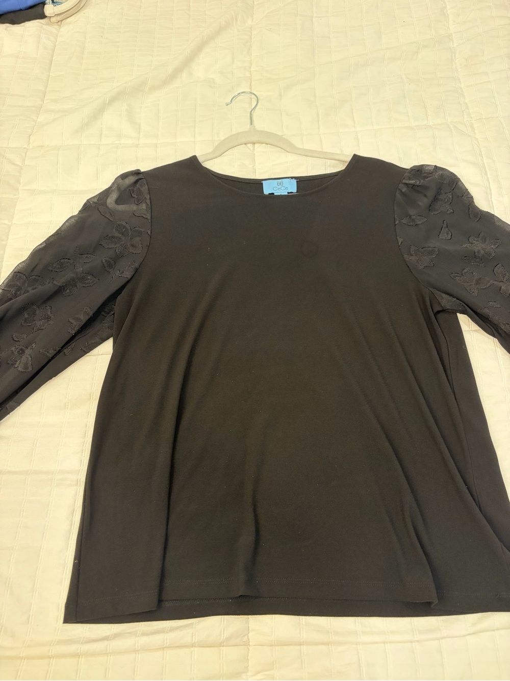 CeCe Black Long-Sleeve Top with Embroidered Puff Sleeves
